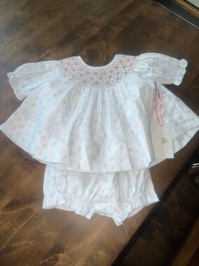 Cecil and Lou Smocked White Alphabet Print Baby Dress Set